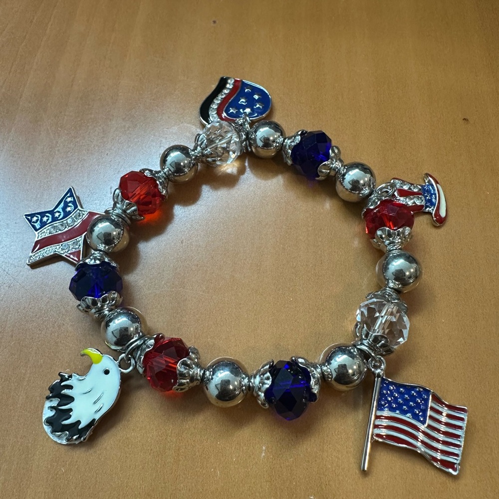Patriotic Charm Bracelet with Red, Blue, and Silver Beads